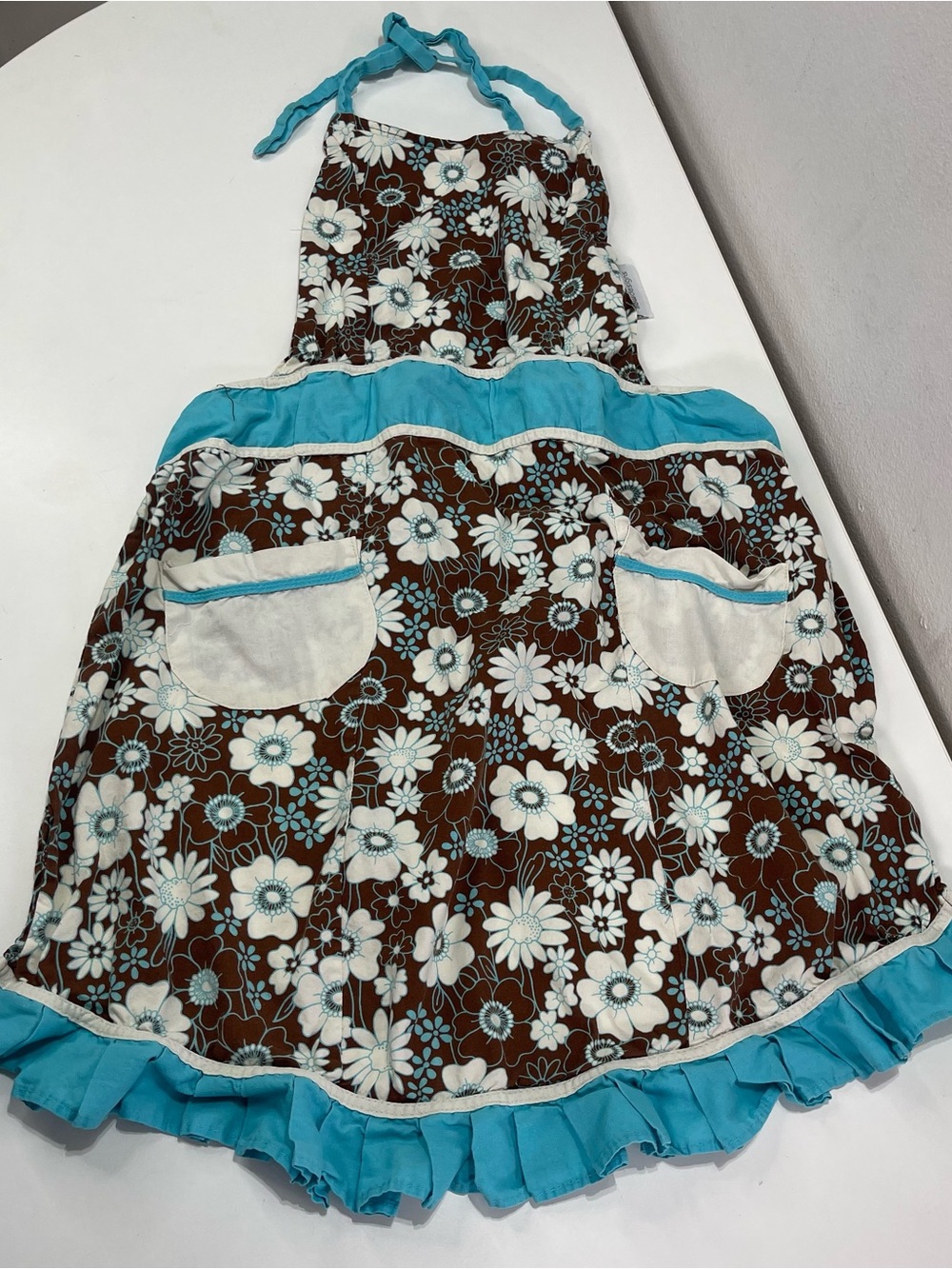 Vtg Retro Style Kitchen Apron Blue Brown Pockets Floral Print Ruffles Coquette